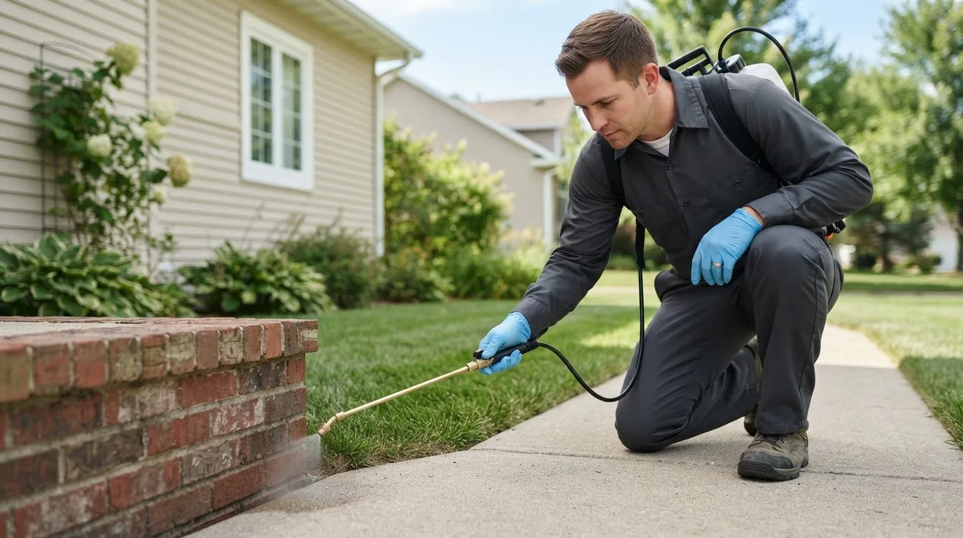 Pest control technician treating a home near East Machias, ME